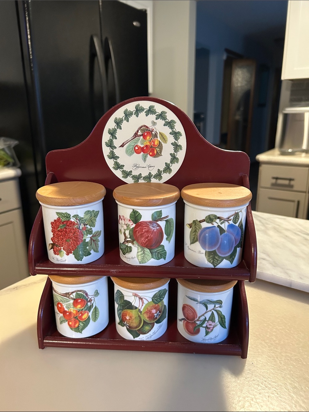 RARE FIND Vintage Portmeirion Pomona Ceramic canisters with wooden lids and rack